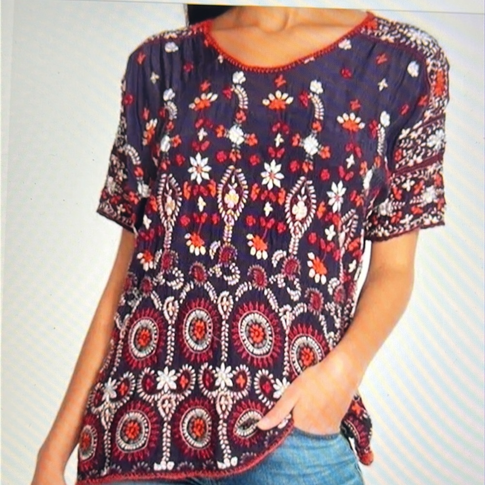 Johnny Was Melia geometric embroidered Boho Top.XS